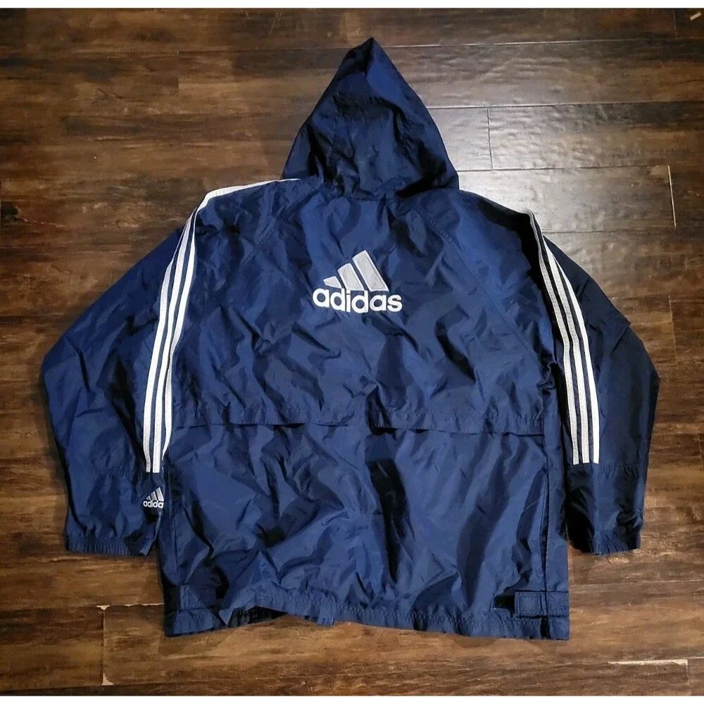 Vintage Adidas Windbreaker Jacket Blue 3 Stripe Lined Hooded Navy Blue Mens XL